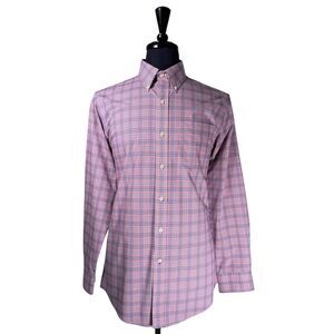 Ralph Lauren Mens 16 34/35 Pink Blue Plaid Slim Fit Stretch Non Iron Dress Shirt